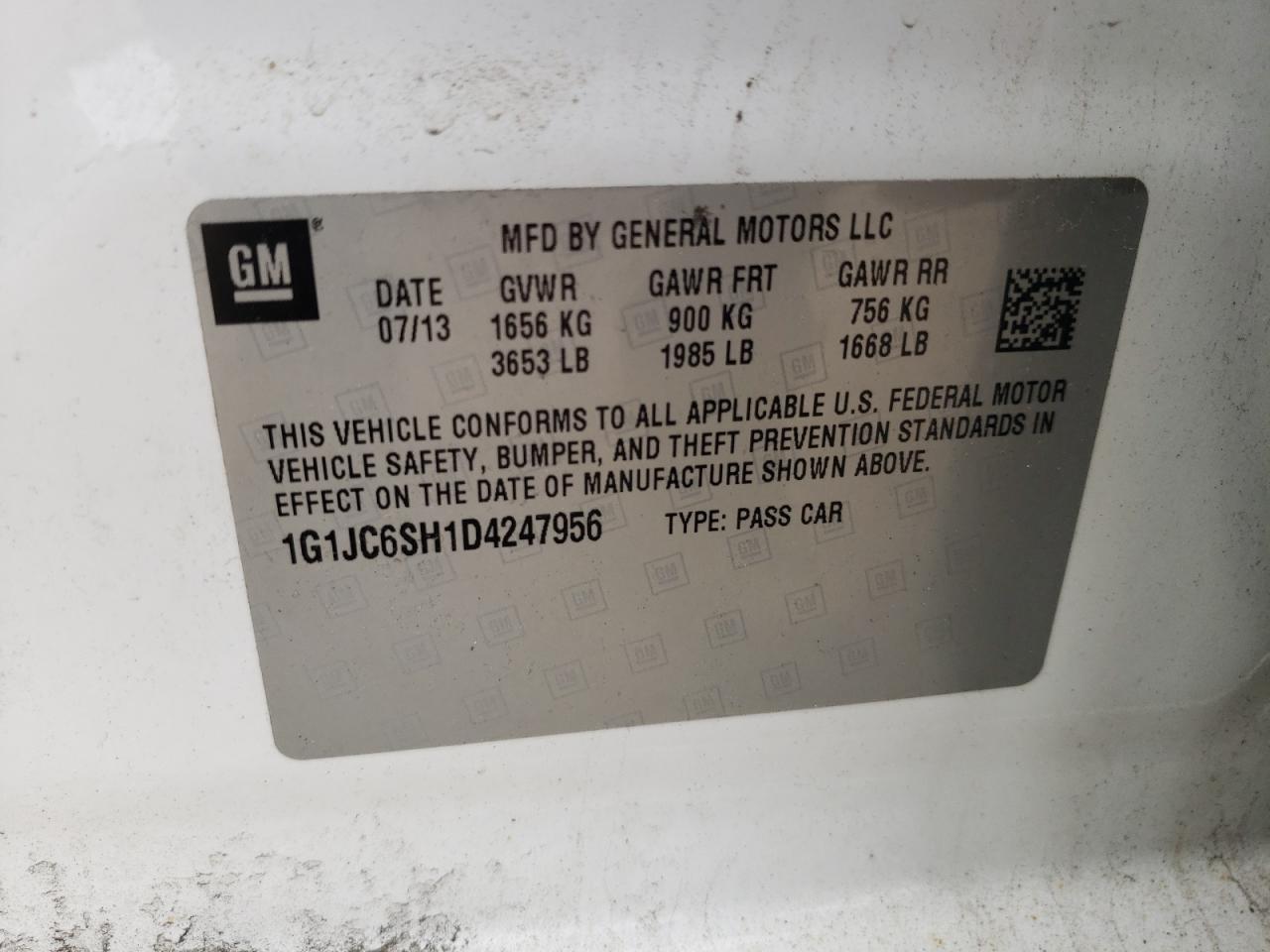 2013 Chevrolet Sonic Lt VIN: 1G1JC6SH1D4247956 Lot: 56797515