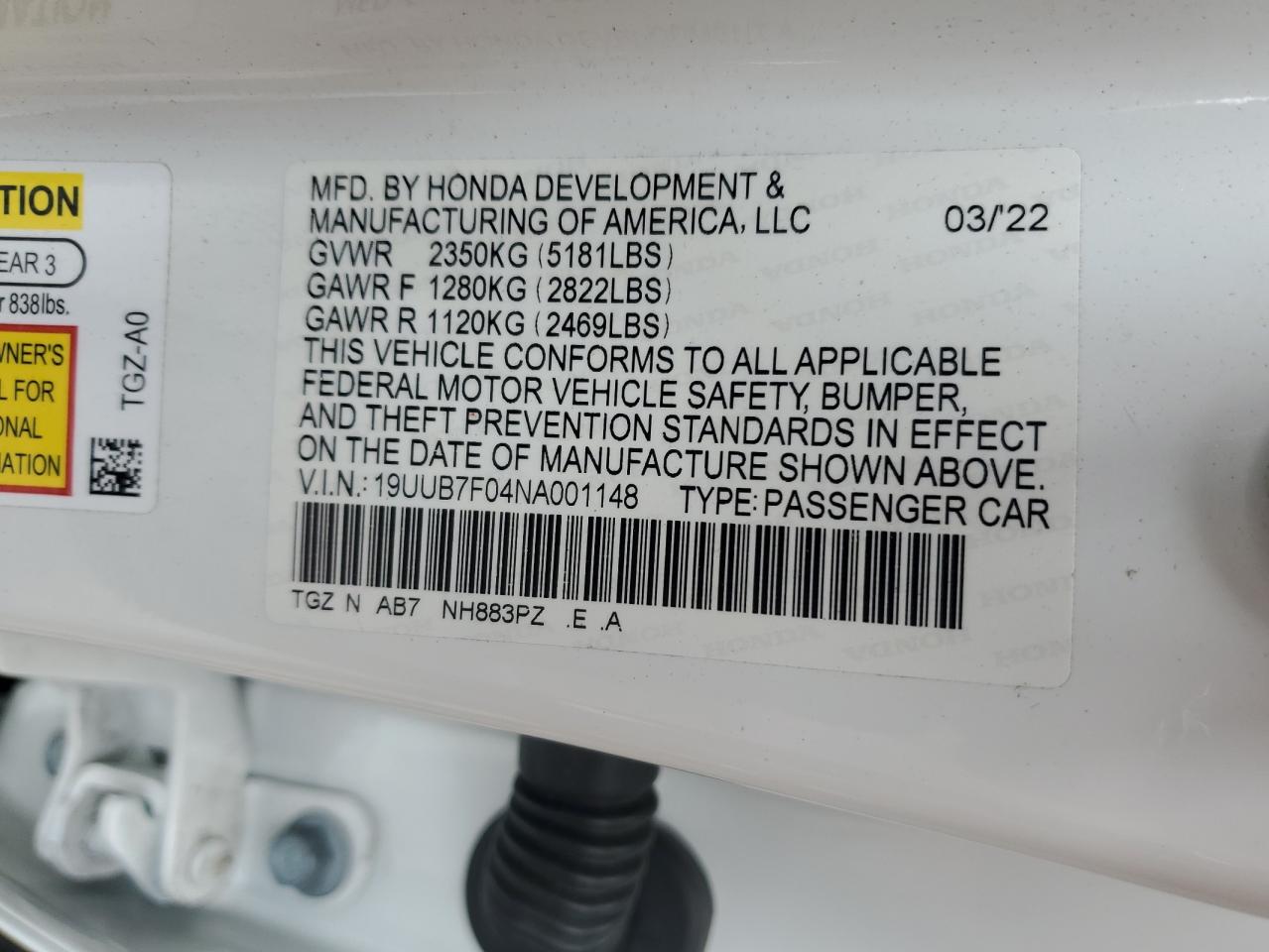 2022 Acura Tlx Type S VIN: 19UUB7F04NA001148 Lot: 56645635