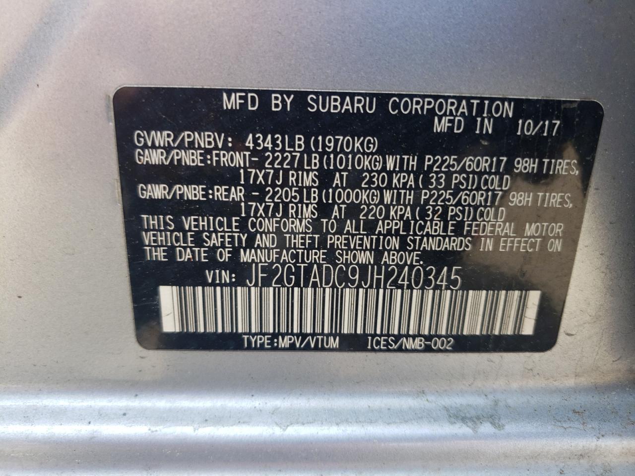 2018 Subaru Crosstrek Premium VIN: JF2GTADC9JH240345 Lot: 55815695
