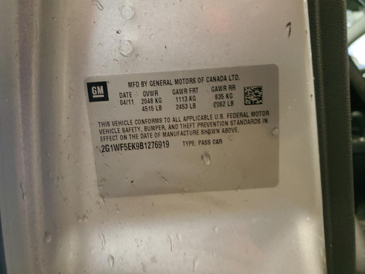 2011 Chevrolet Impala Ls VIN: 2G1WF5EK9B1276919 Lot: 56423875