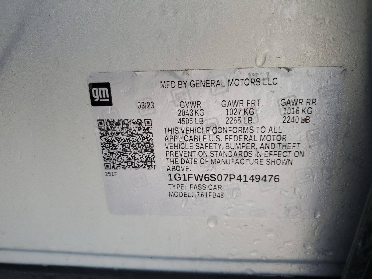 2023 Chevrolet Bolt Ev 1Lt VIN: 1G1FW6S07P4149476 Lot: 55902035