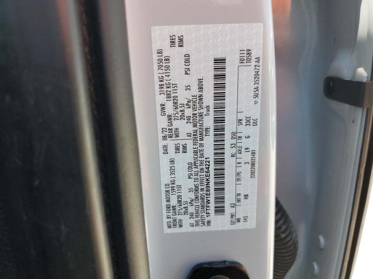 2022 Ford F150 Supercrew VIN: 1FTFW1E89NKE64221 Lot: 56565875