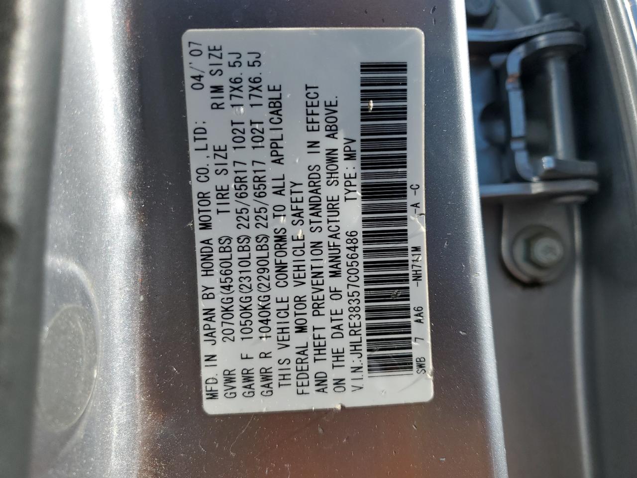 2007 Honda Cr-V Lx VIN: JHLRE38357C056486 Lot: 56661905