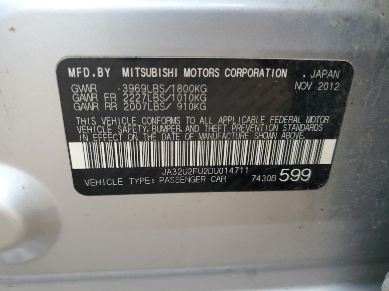 2013 Mitsubishi Lancer Es/Es Sport VIN: JA32U2FU2DU014711 Lot: 56526305