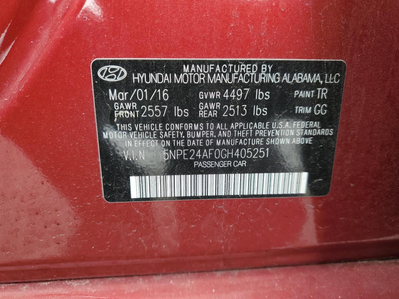 2016 Hyundai Sonata Se VIN: 5NPE24AF0GH405251 Lot: 56210955