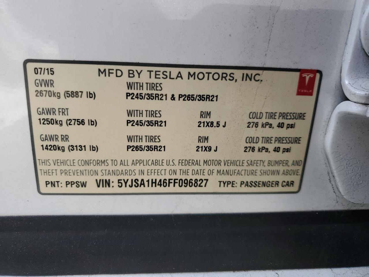 2015 Tesla Model S P85D VIN: 5YJSA1H46FF096827 Lot: 56661725