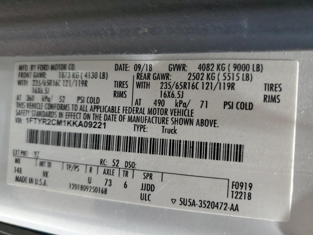 2019 Ford Transit T-250 VIN: 1FTYR2CM1KKA09221 Lot: 56328235