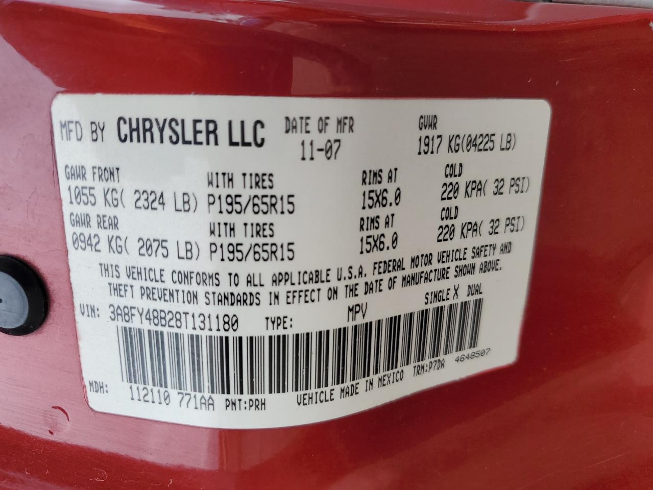 2008 Chrysler Pt Cruiser VIN: 3A8FY48B28T131180 Lot: 55998825
