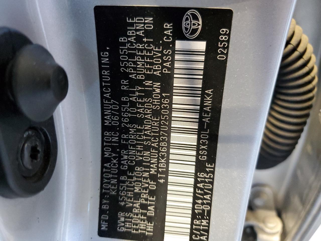 2007 Toyota Avalon Xl VIN: 4T1BK36B37U250361 Lot: 56699935