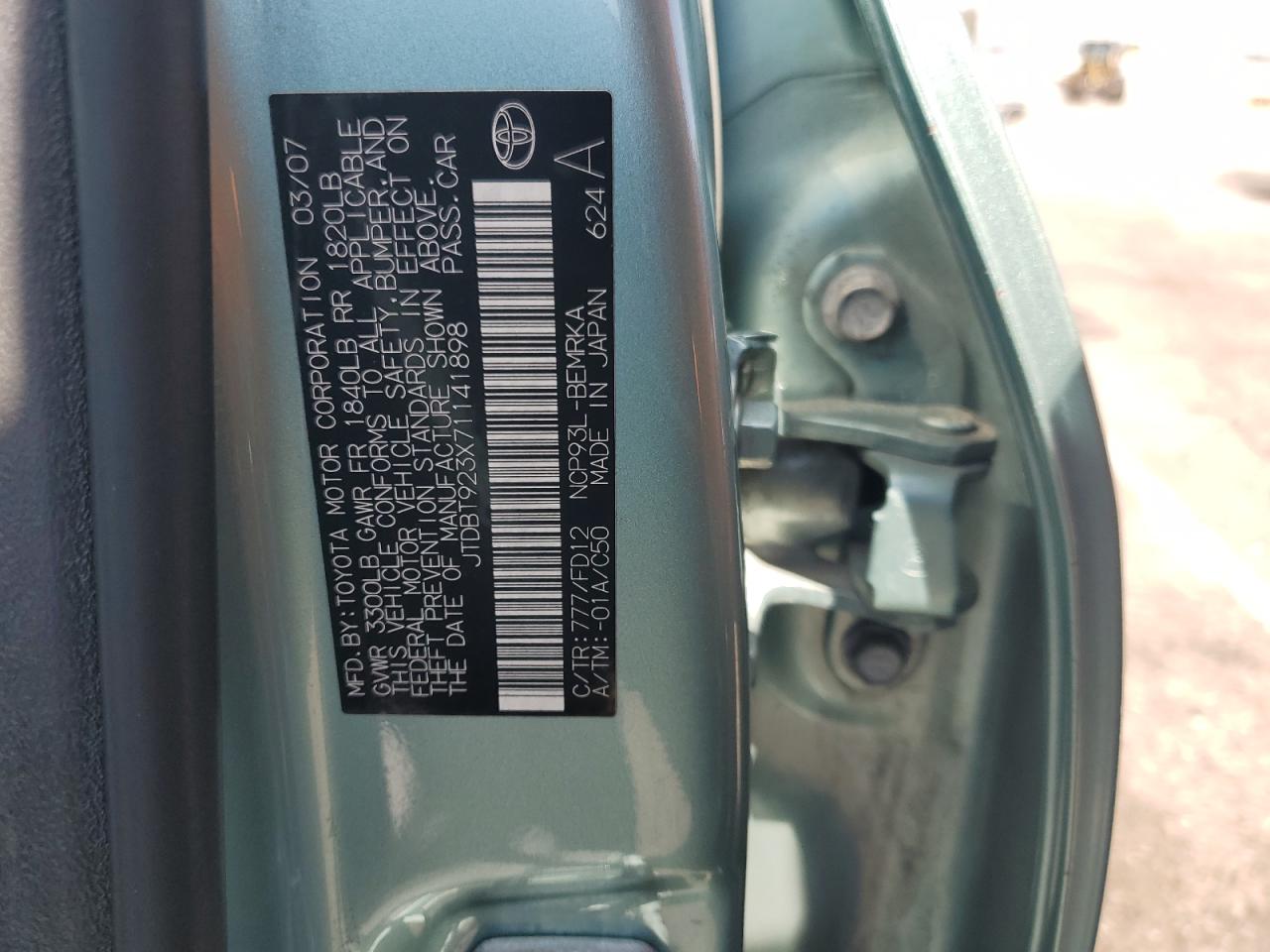 2007 Toyota Yaris VIN: JTDBT923X71141898 Lot: 57335805