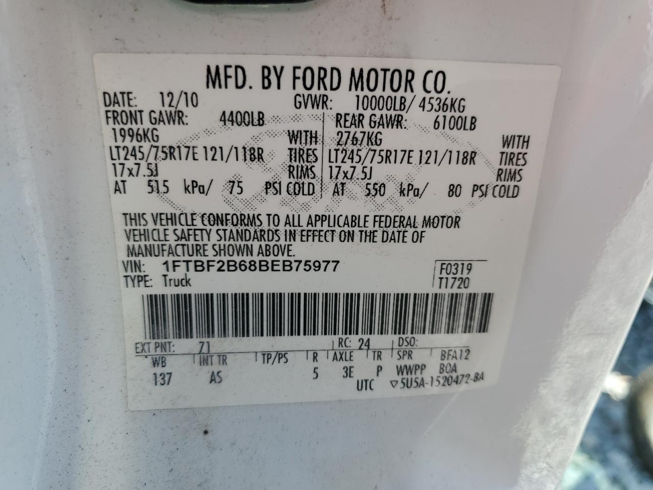 2011 Ford F250 Super Duty VIN: 1FTBF2B68BEB75977 Lot: 57064085