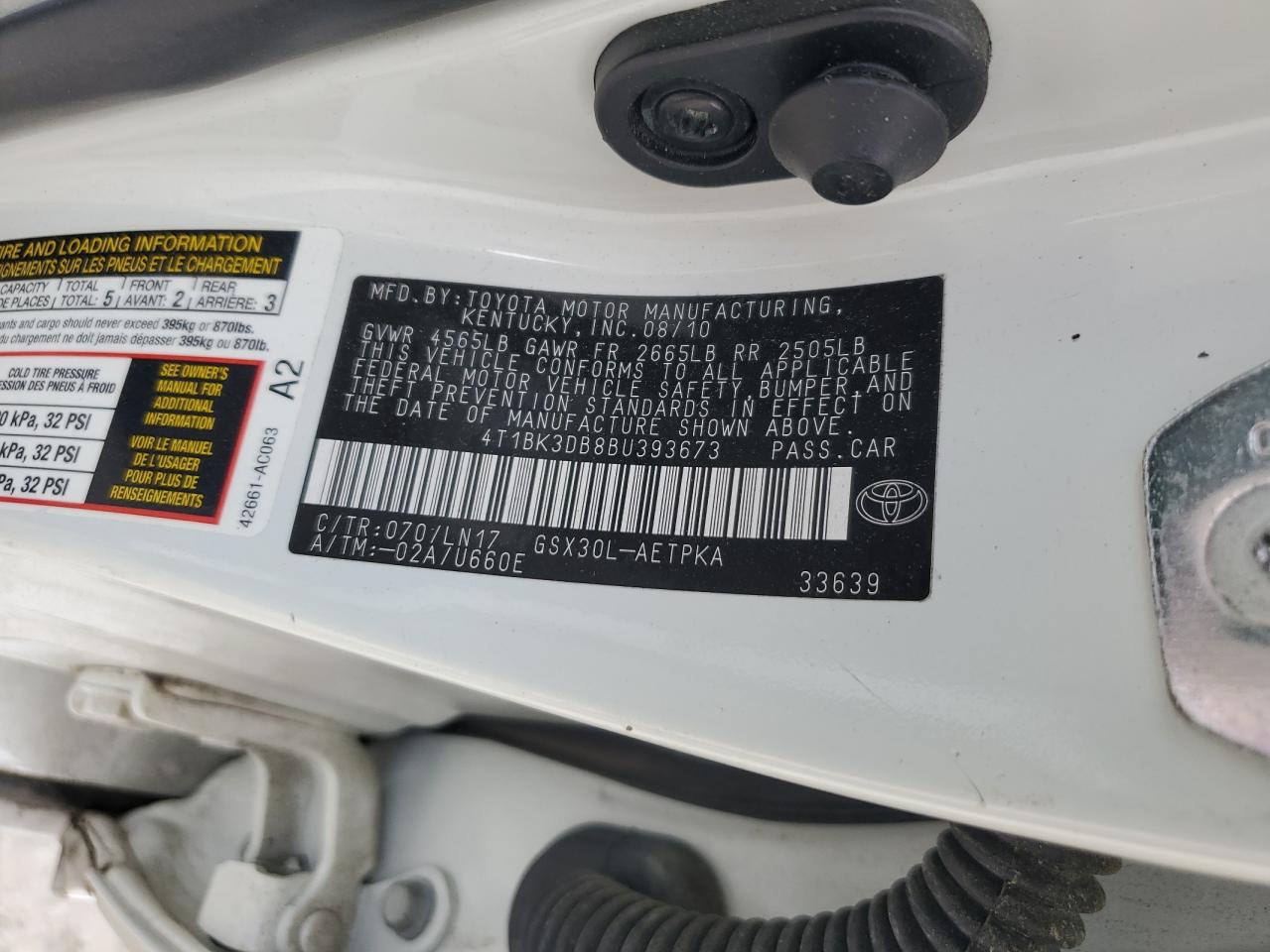 2011 Toyota Avalon Base VIN: 4T1BK3DB8BU393673 Lot: 55635825