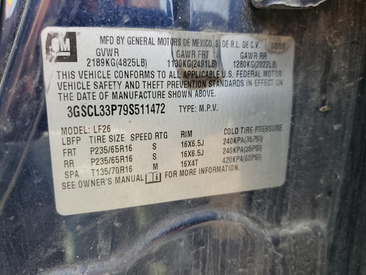2009 Saturn Vue Xe VIN: 3GSCL33P79S511472 Lot: 55922095