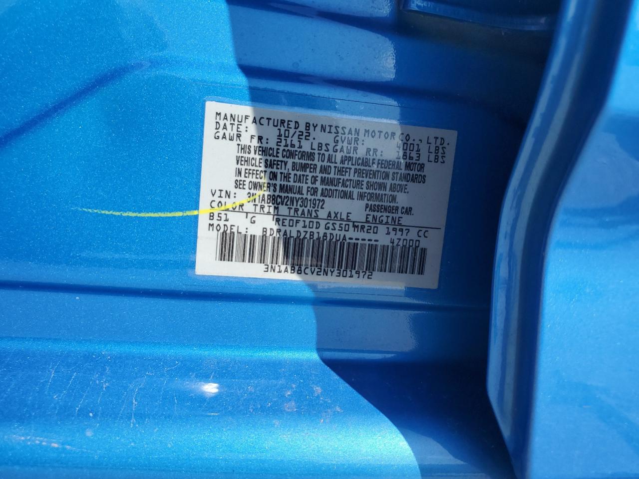 2022 Nissan Sentra Sv VIN: 3N1AB8CV2NY301972 Lot: 55768655