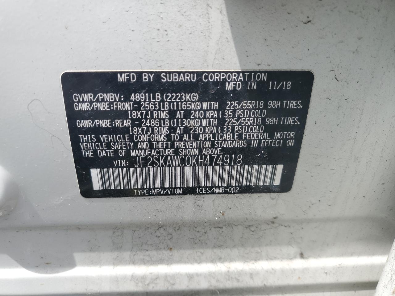 2019 Subaru Forester Touring VIN: JF2SKAWC0KH474918 Lot: 56846315