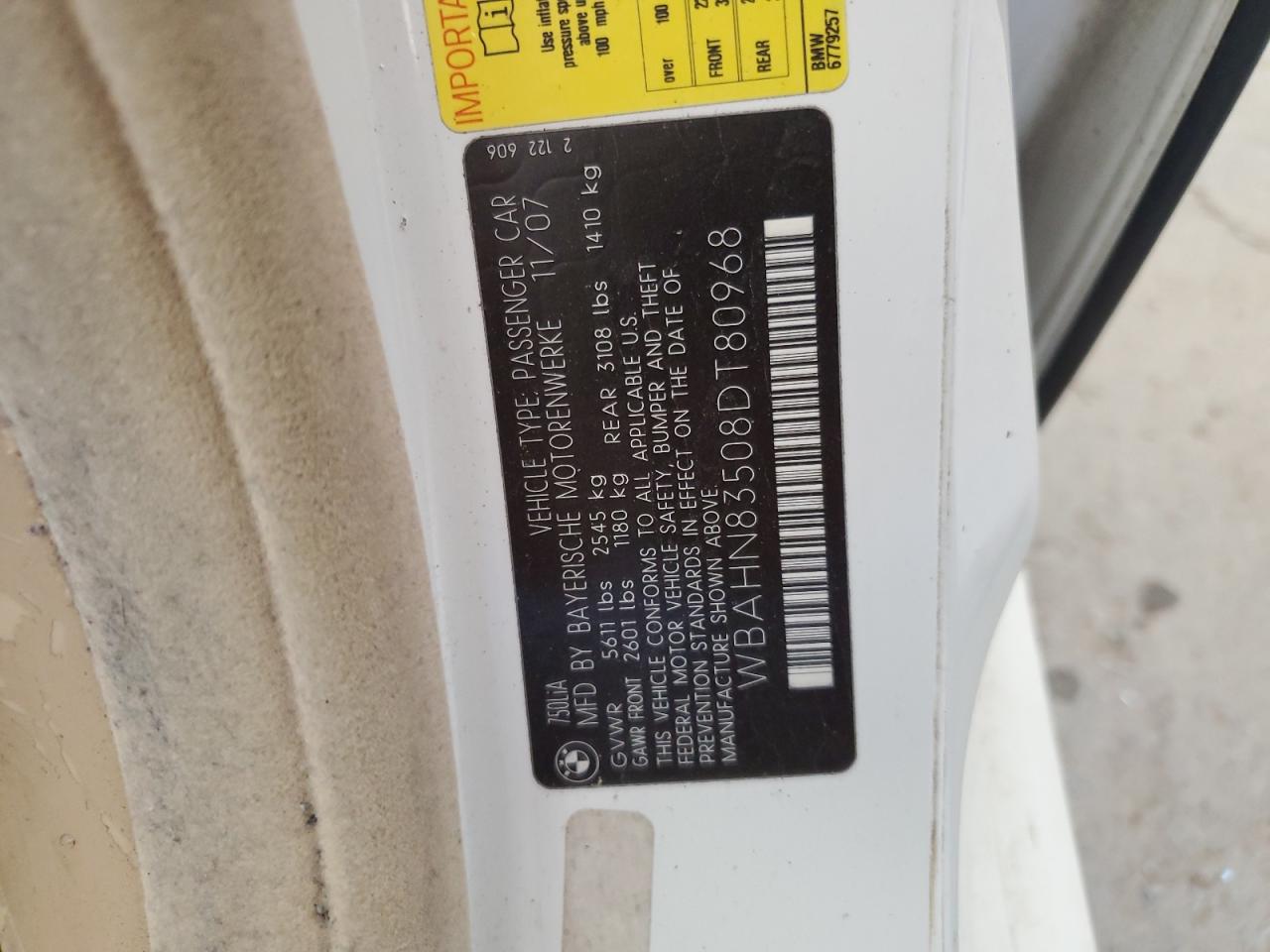 2008 BMW 750 Li VIN: WBAHN83508DT80968 Lot: 60429665