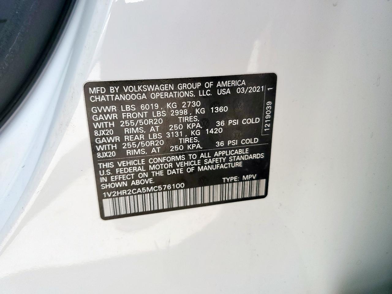 2021 Volkswagen Atlas Se VIN: 1V2HR2CA5MC576100 Lot: 57097035