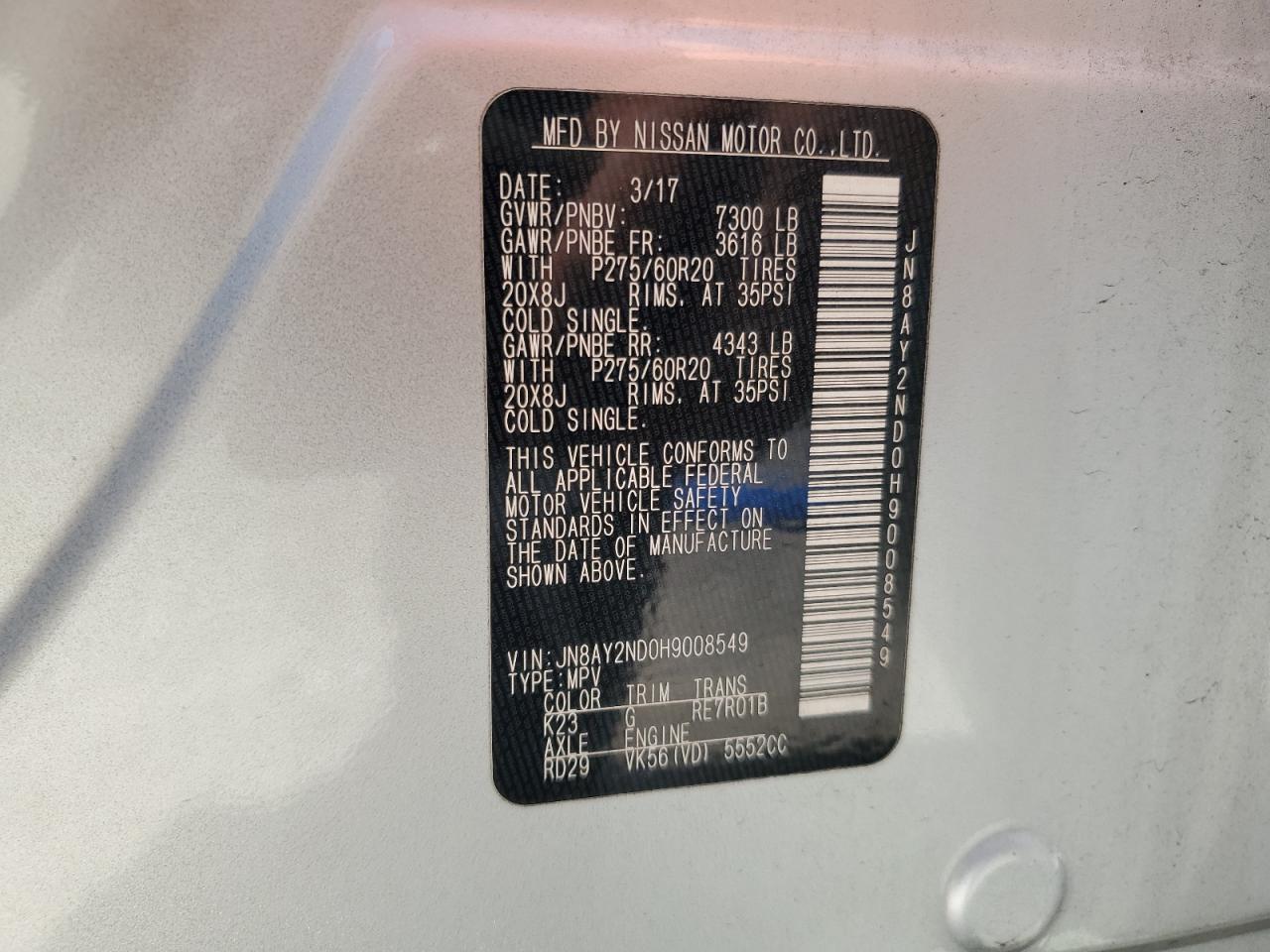 2017 Nissan Armada Sv VIN: JN8AY2ND0H9008549 Lot: 56767515