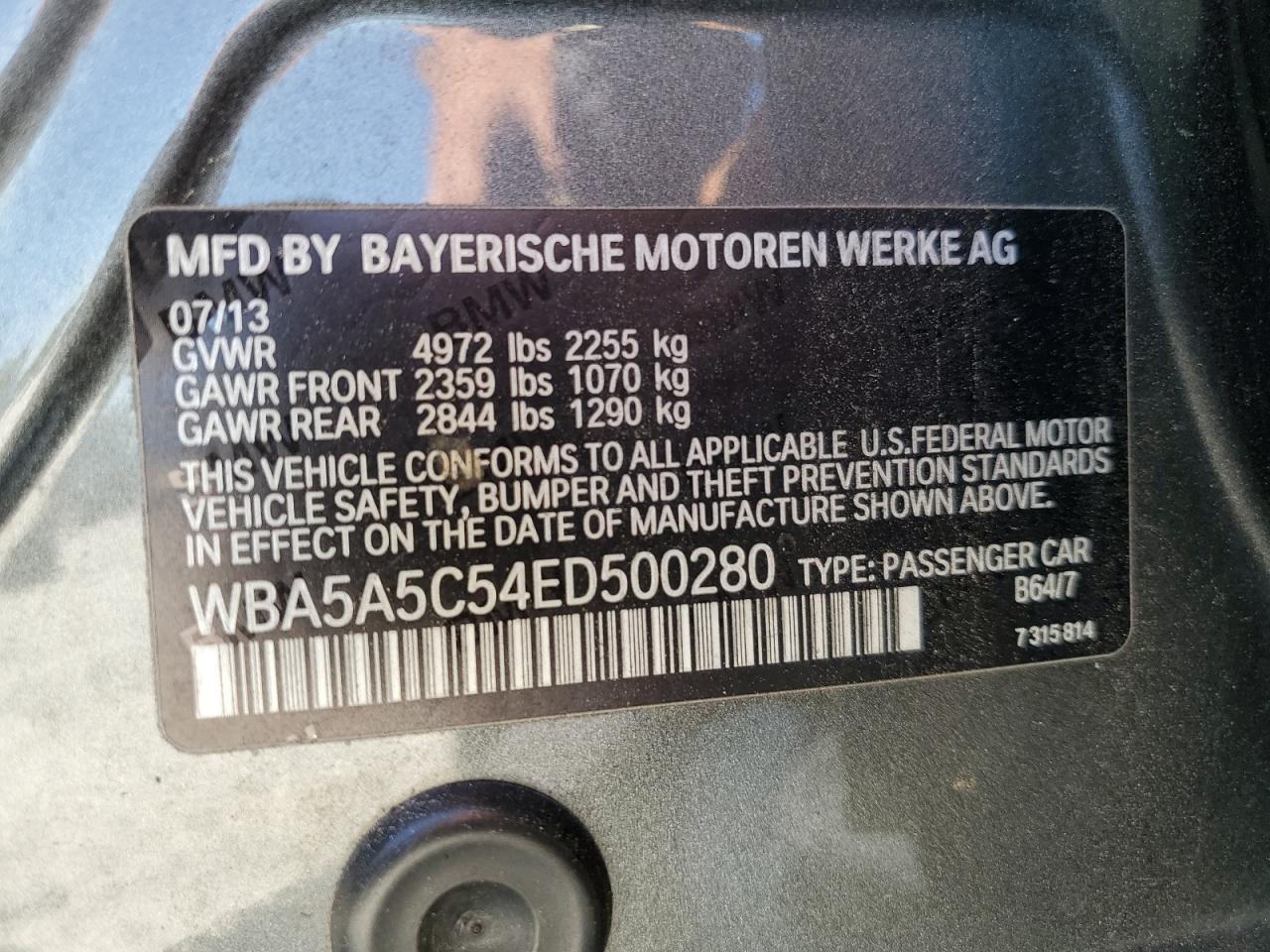 2014 BMW 528 I VIN: WBA5A5C54ED500280 Lot: 57807975