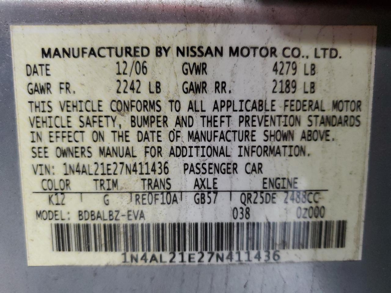2007 Nissan Altima 2.5 VIN: 1N4AL21E27N411436 Lot: 56826735