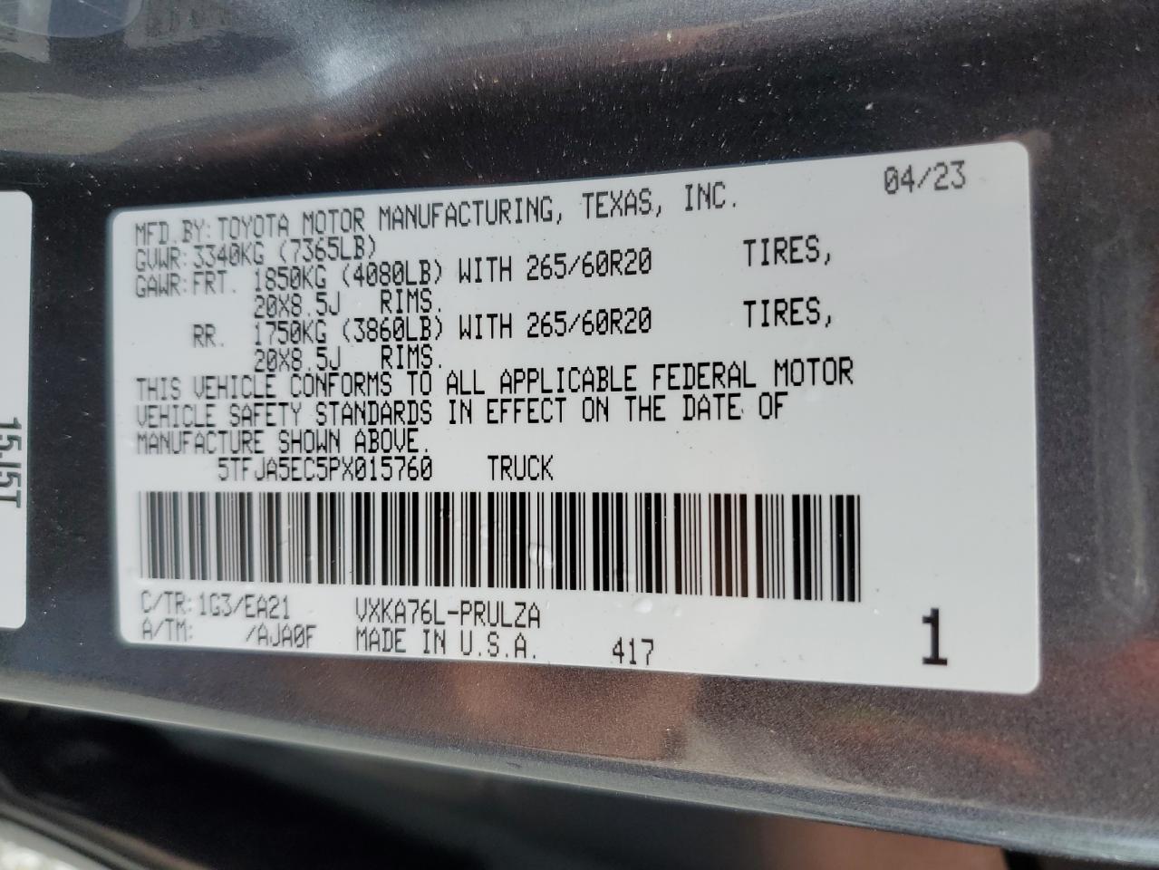 2023 Toyota Tundra Crewmax Limited VIN: 5TFJA5EC5PX015760 Lot: 56024005