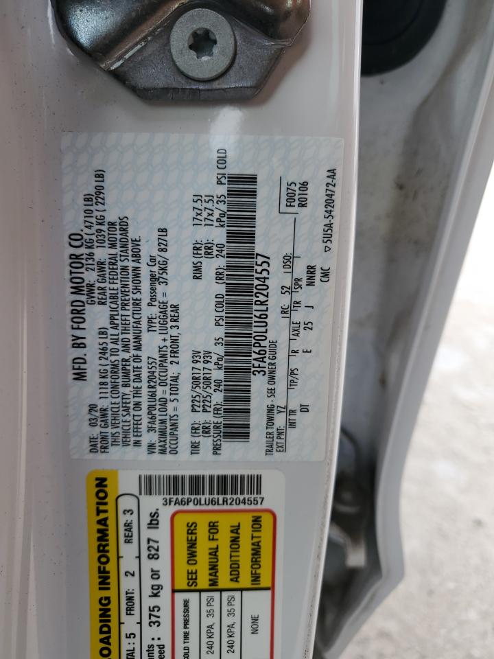 2020 Ford Fusion Se VIN: 3FA6P0LU6LR204557 Lot: 54023735