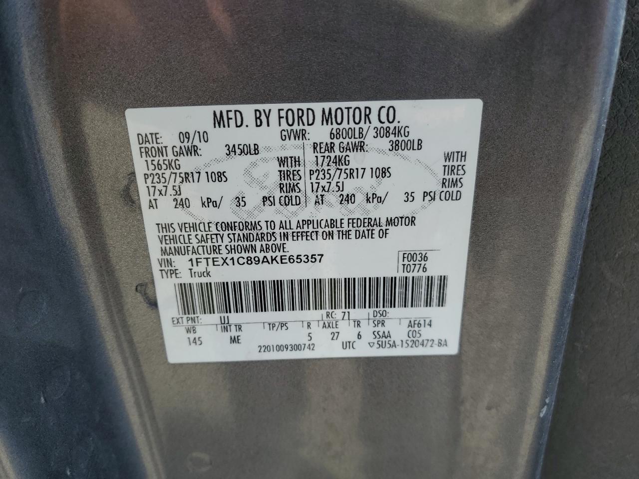 2010 Ford F150 Super Cab VIN: 1FTEX1C89AKE65357 Lot: 56870105