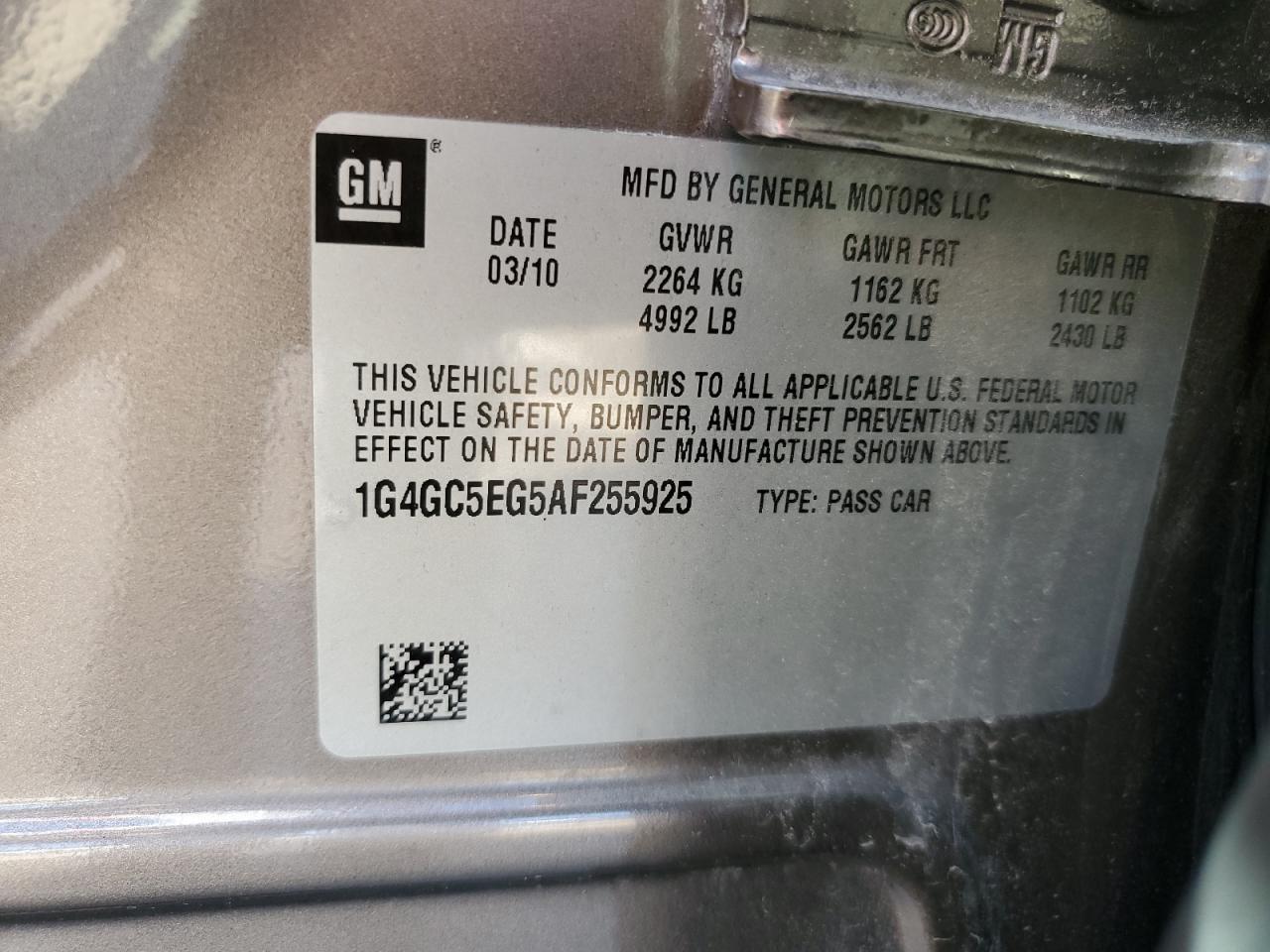 2010 Buick Lacrosse Cxl VIN: 1G4GC5EG5AF255925 Lot: 57028635