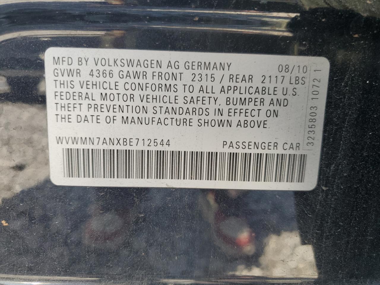 2011 Volkswagen Cc Sport VIN: WVWMN7ANXBE712544 Lot: 57450165