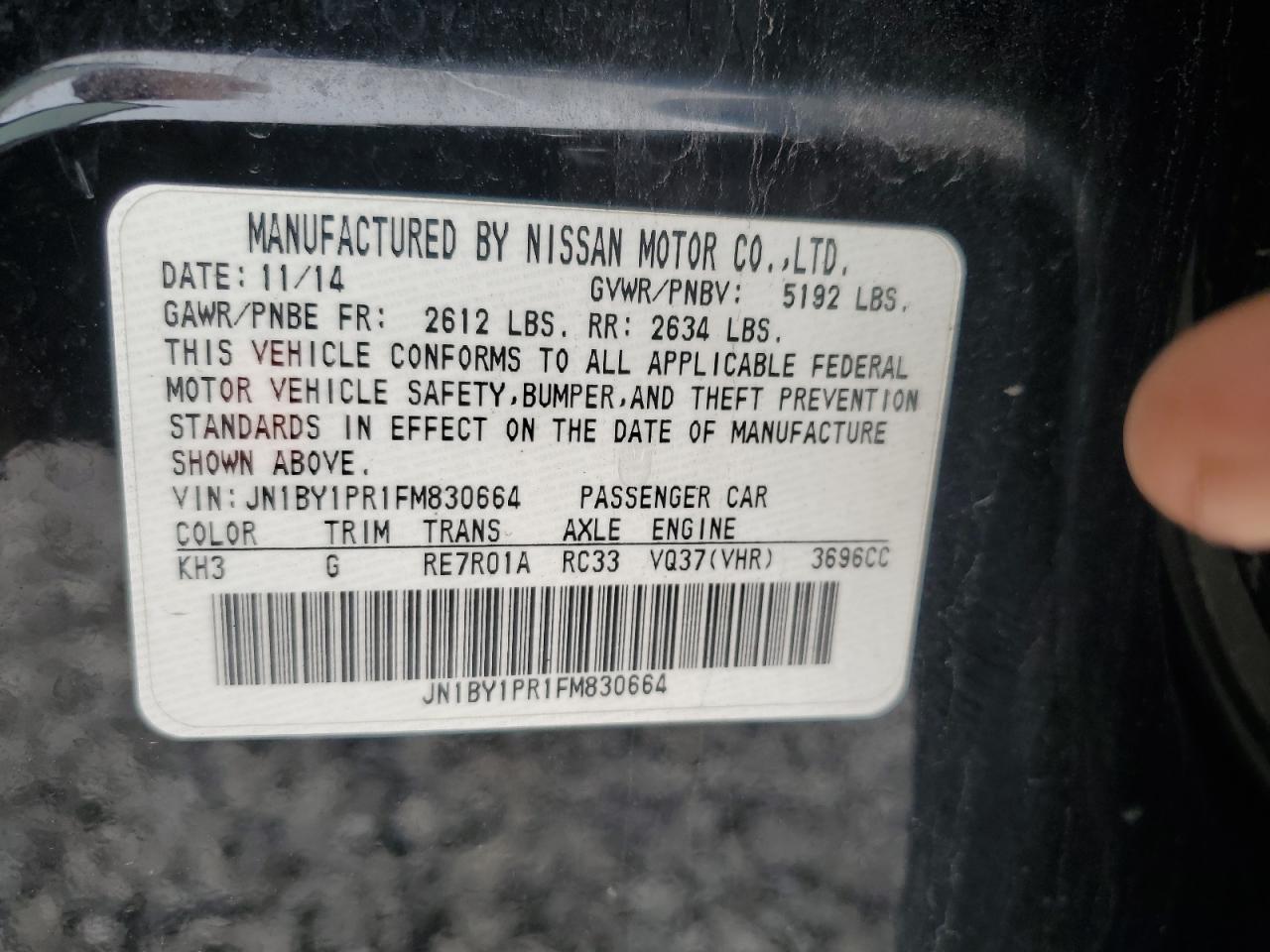 2015 Infiniti Q70L 3.7 VIN: JN1BY1PR1FM830664 Lot: 56182275