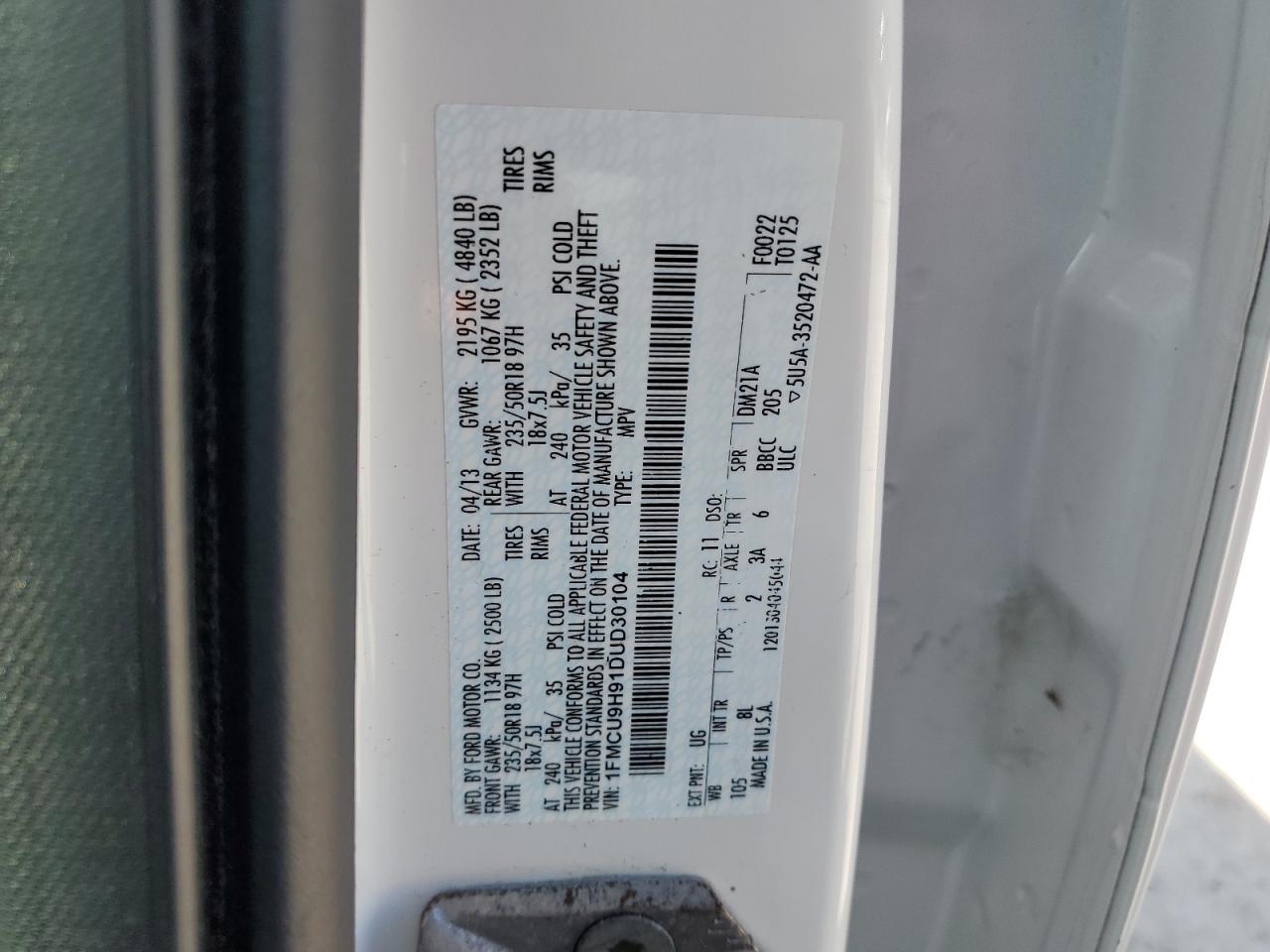 2013 Ford Escape Sel VIN: 1FMCU9H91DUD30104 Lot: 57017495