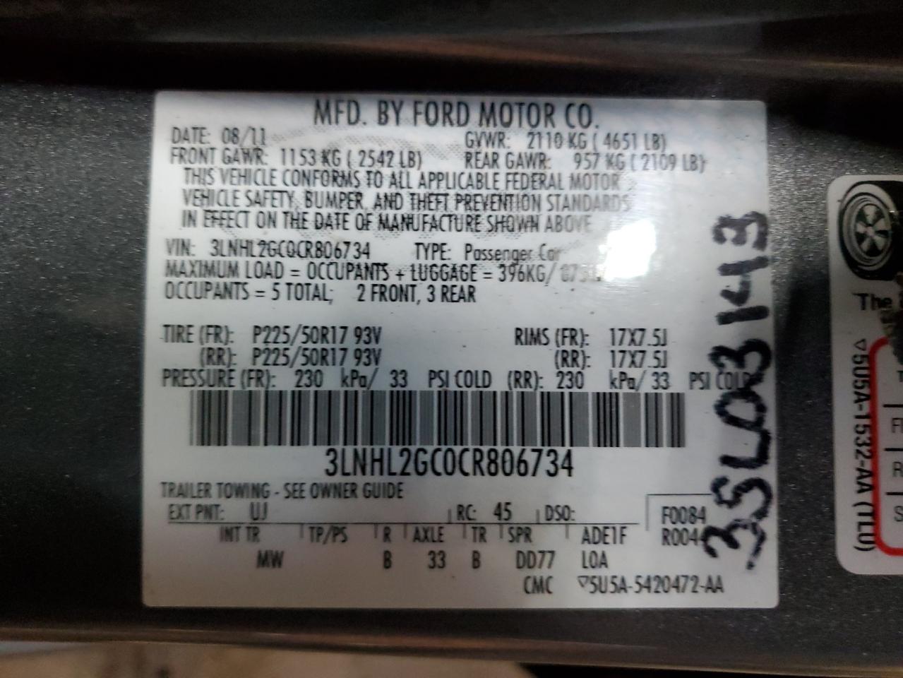 2012 Lincoln Mkz VIN: 3LNHL2GC0CR806734 Lot: 56918575