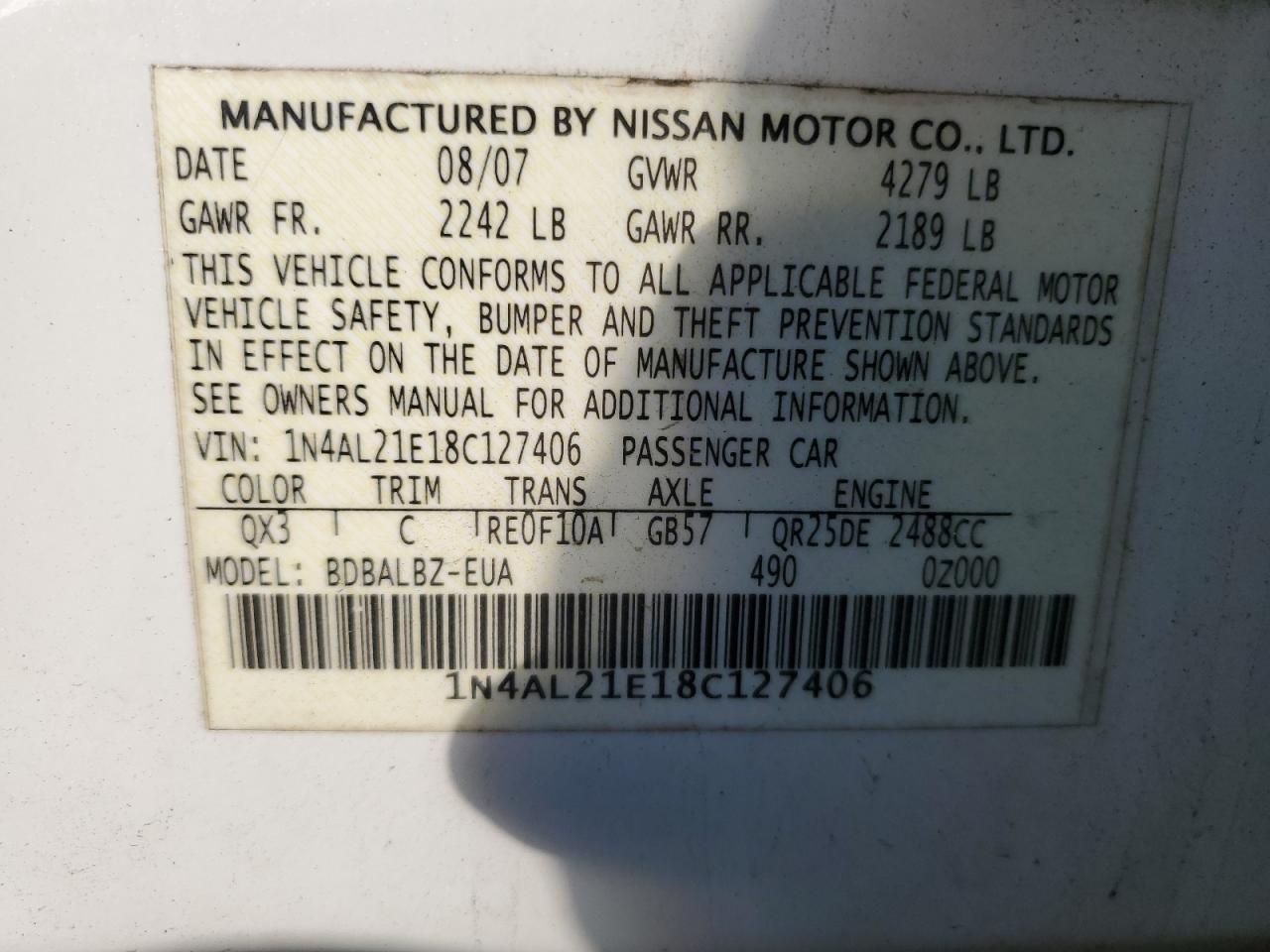 2008 Nissan Altima 2.5 VIN: 1N4AL21E18C127406 Lot: 56312325