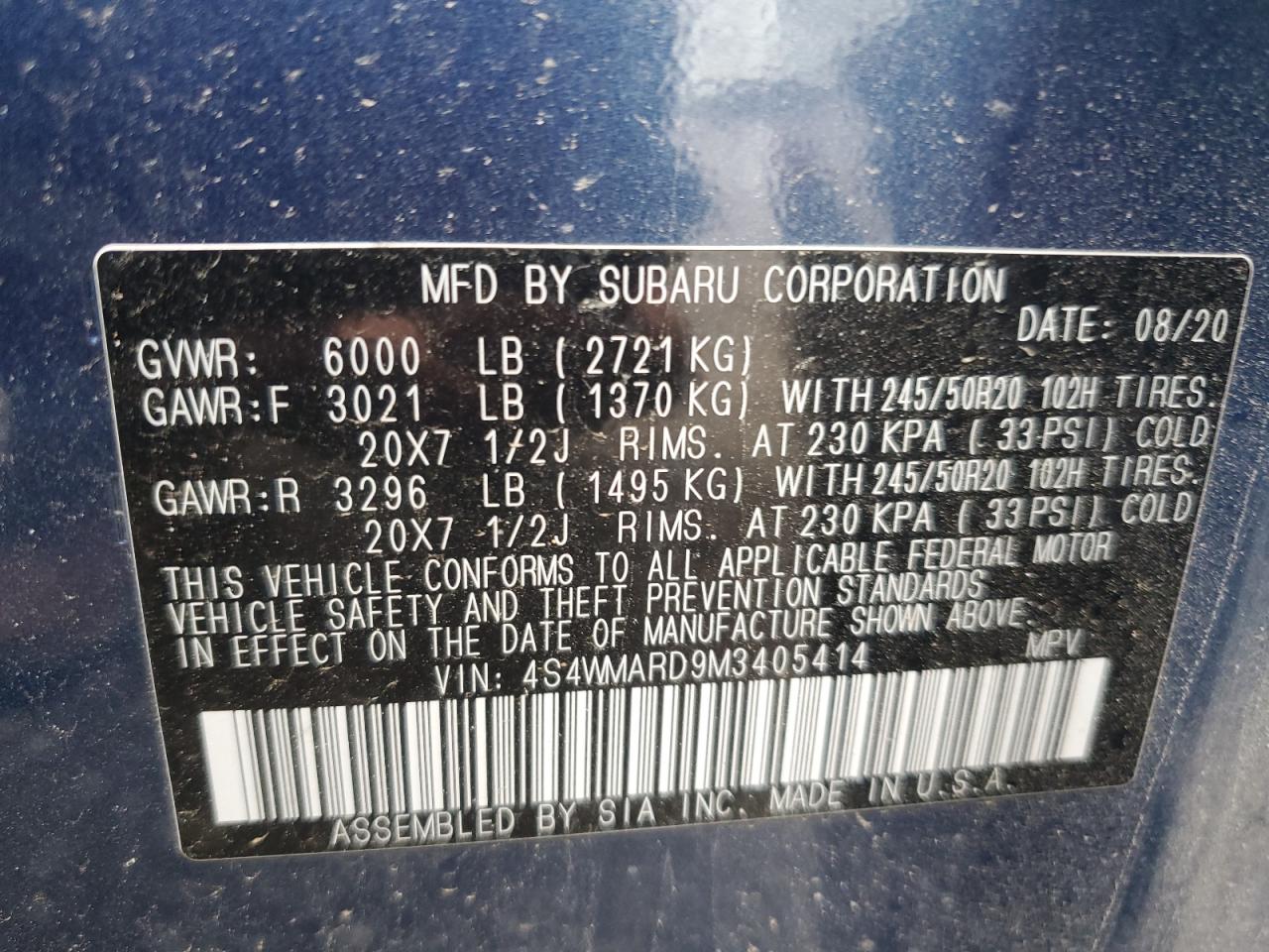 2021 Subaru Ascent Touring VIN: 4S4WMARD9M3405414 Lot: 58504645