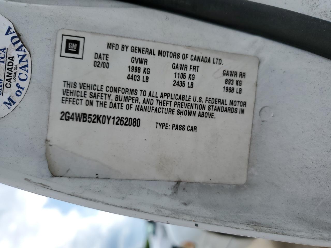 2000 Buick Regal Ls VIN: 2G4WB52K0Y1262080 Lot: 58785605