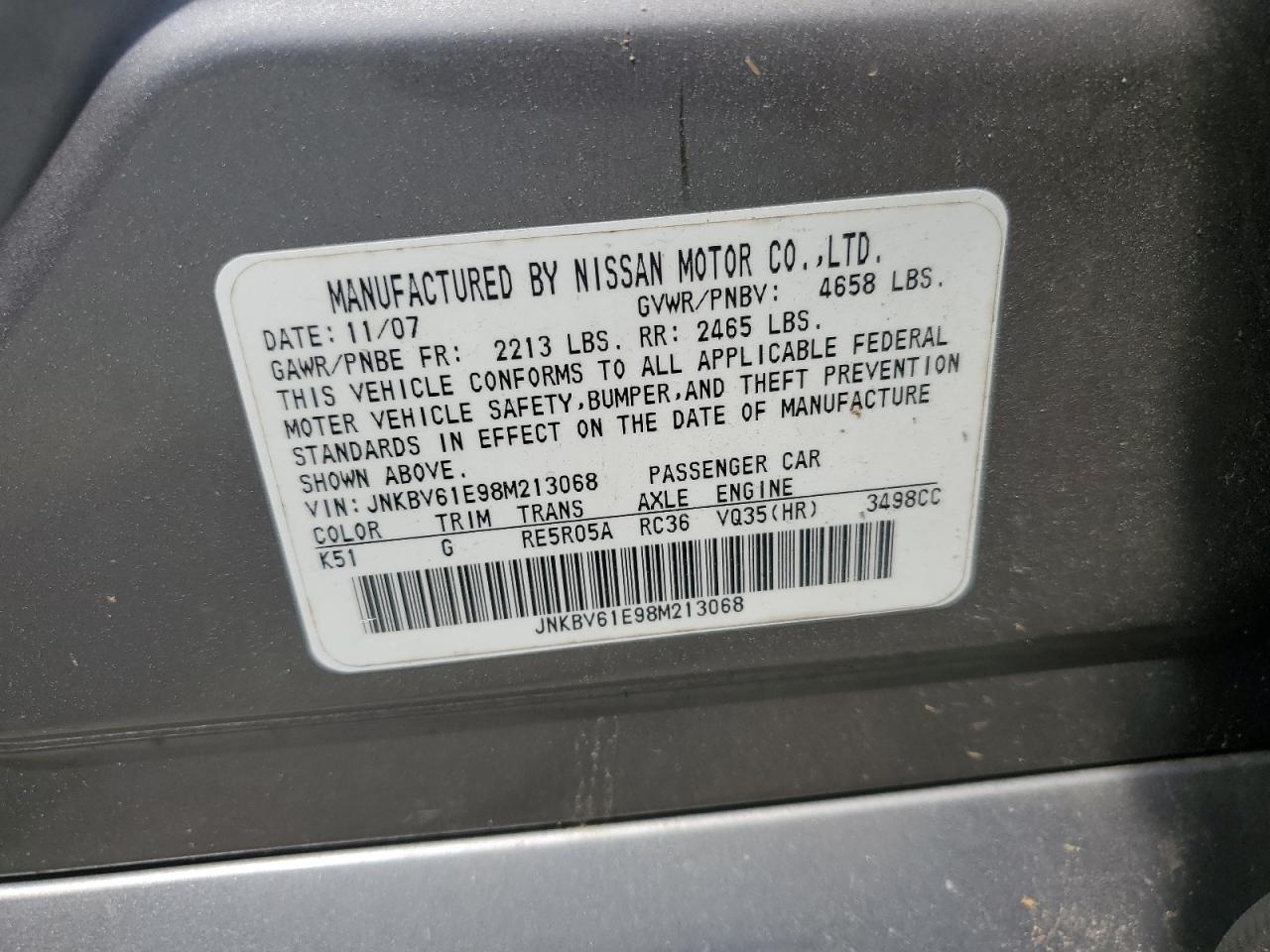2008 Infiniti G35 VIN: JNKBV61E98M213068 Lot: 56839725
