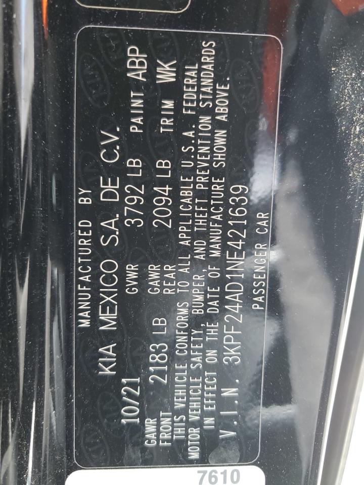 2022 Kia Forte Fe VIN: 3KPF24AD1NE421639 Lot: 58255175