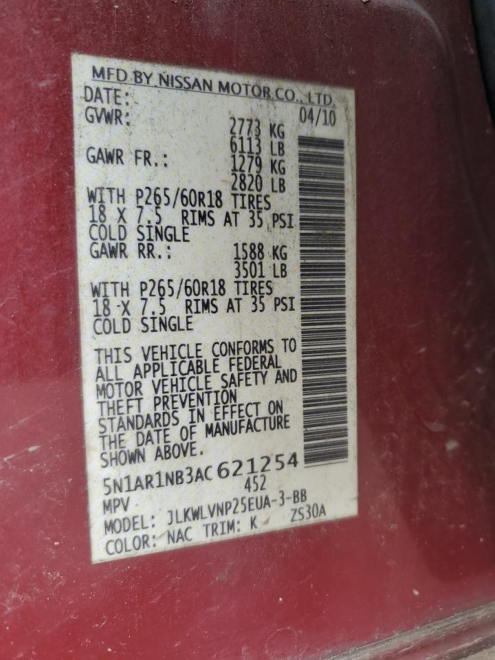 2010 Nissan Pathfinder S VIN: 5N1AR1NB3AC621254 Lot: 56911255