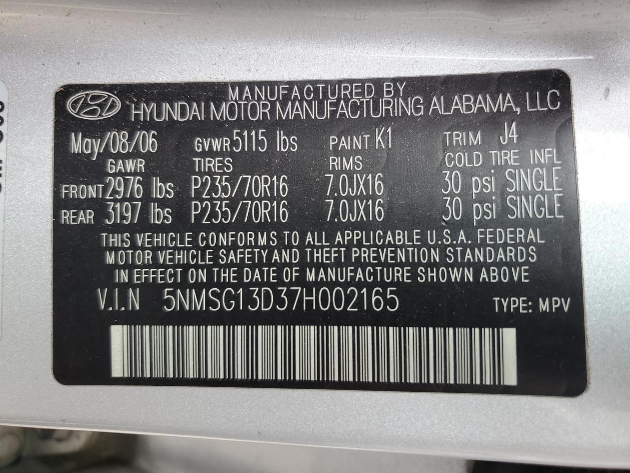 2007 Hyundai Santa Fe Gls VIN: 5NMSG13D37H002165 Lot: 56781115