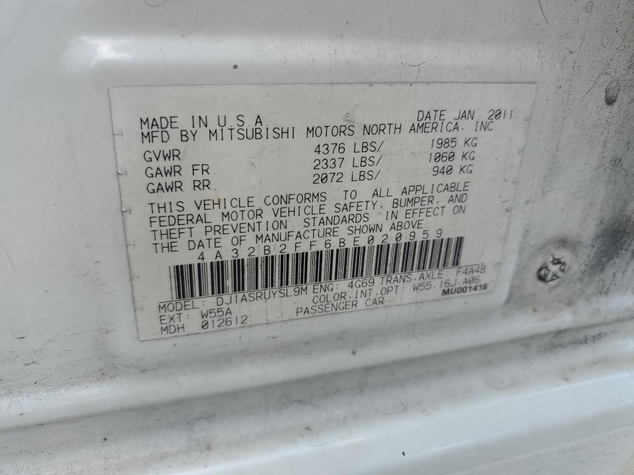 2011 Mitsubishi Galant Fe VIN: 4A32B2FF6BE020959 Lot: 56121015