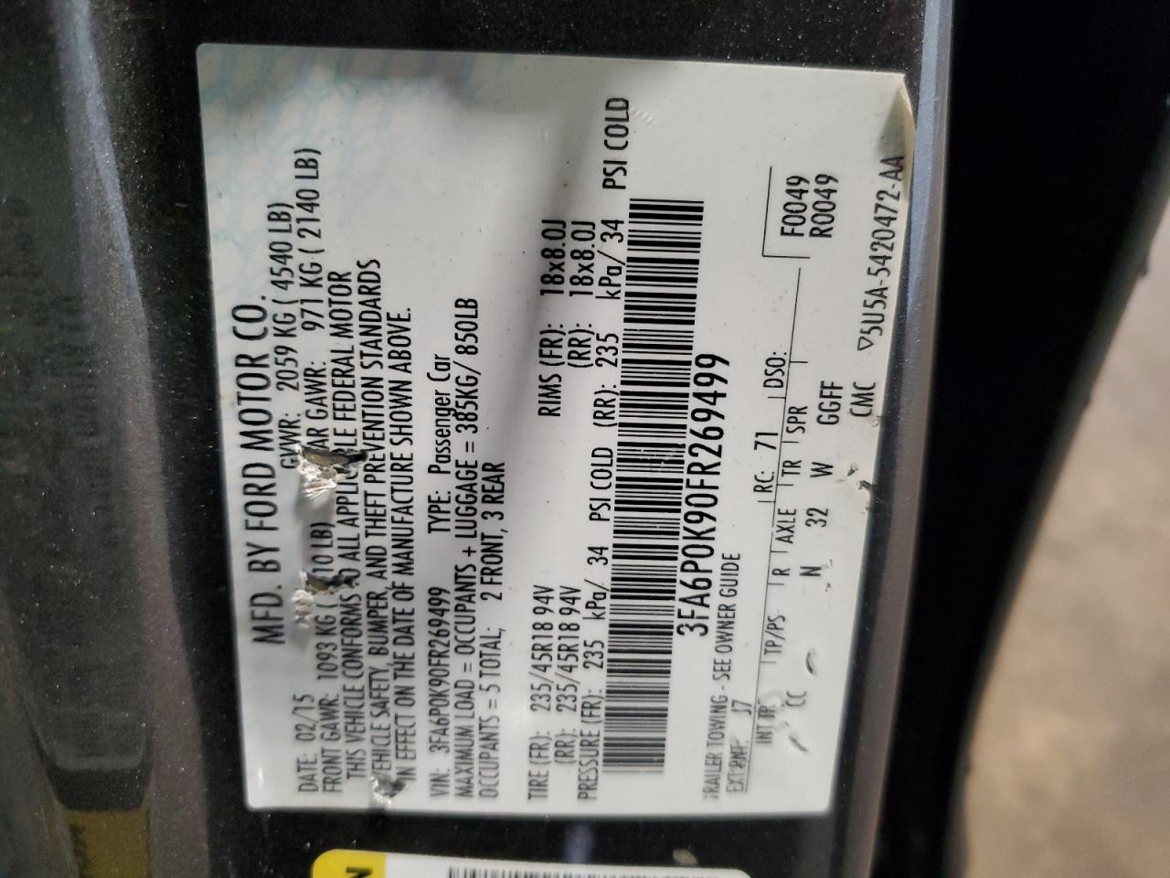 2015 Ford Fusion Titanium VIN: 3FA6P0K90FR269499 Lot: 57655395