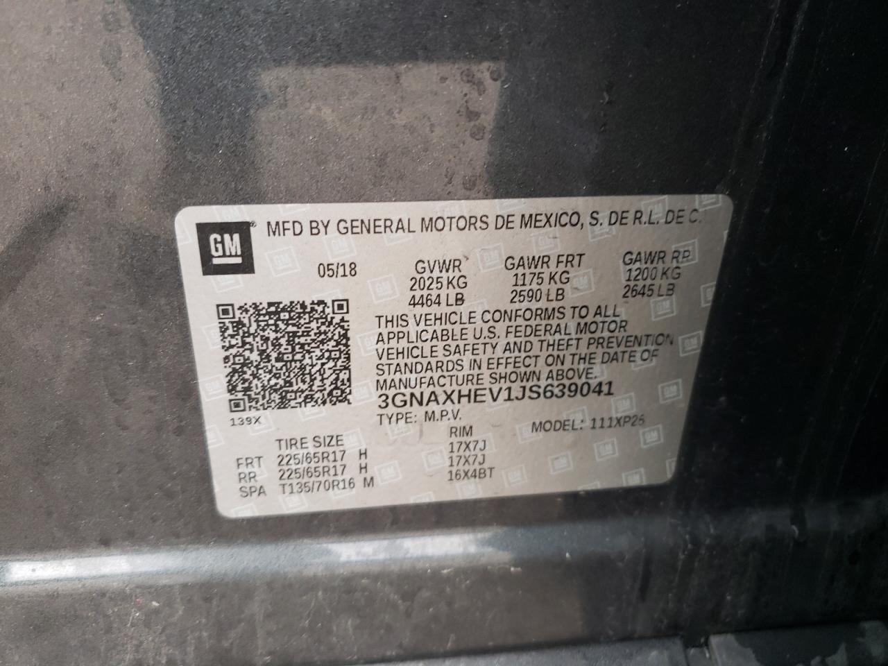 2018 Chevrolet Equinox Ls VIN: 3GNAXHEV1JS639041 Lot: 58239205