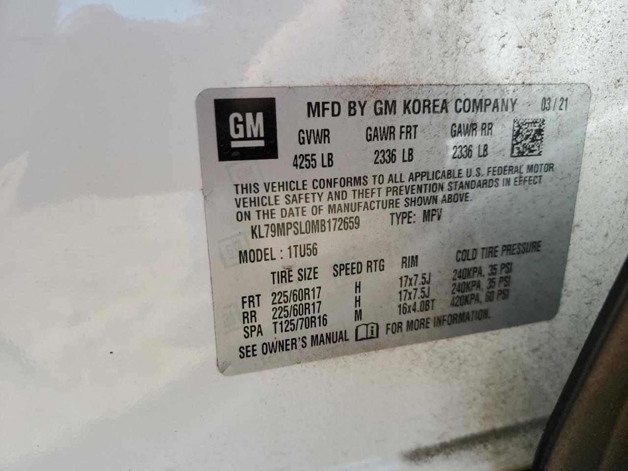 2021 Chevrolet Trailblazer Lt VIN: KL79MPSL0MB172659 Lot: 56329985