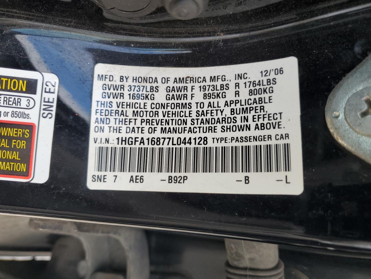 2007 Honda Civic Ex VIN: 1HGFA16877L044128 Lot: 56787565