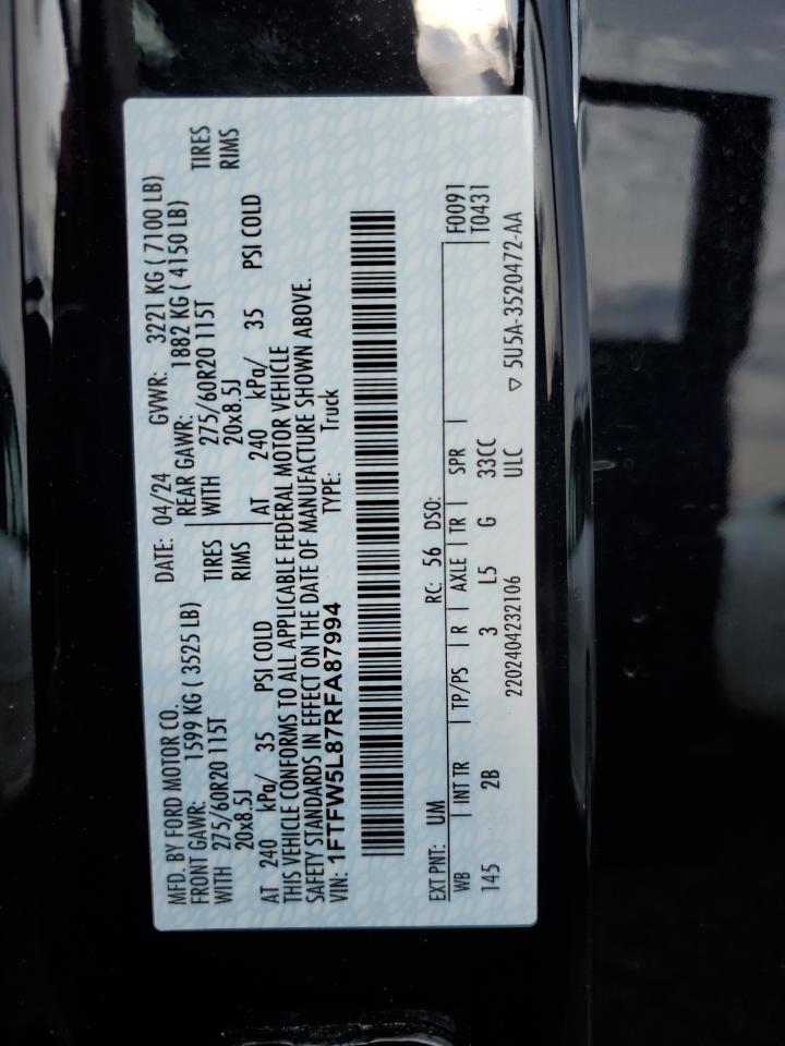 2024 Ford F150 Lariat VIN: 1FTFW5L87RFA87994 Lot: 58813315