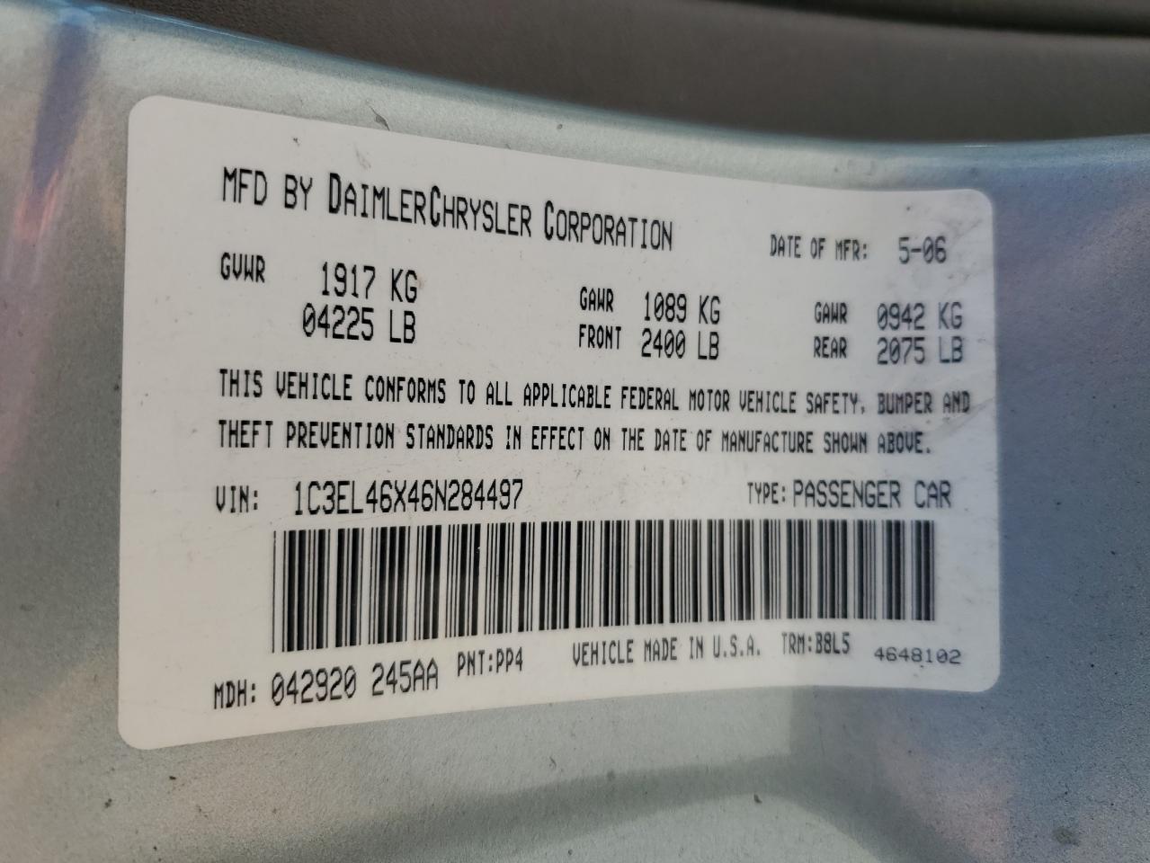 2006 Chrysler Sebring VIN: 1C3EL46X46N284497 Lot: 57461725