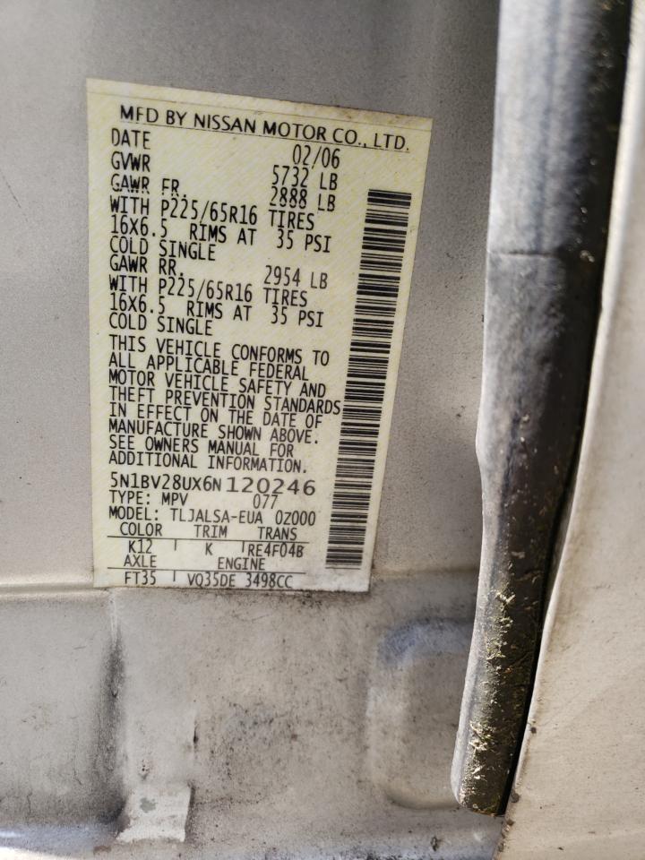 2006 Nissan Quest S VIN: 5N1BV28UX6N120246 Lot: 58083775