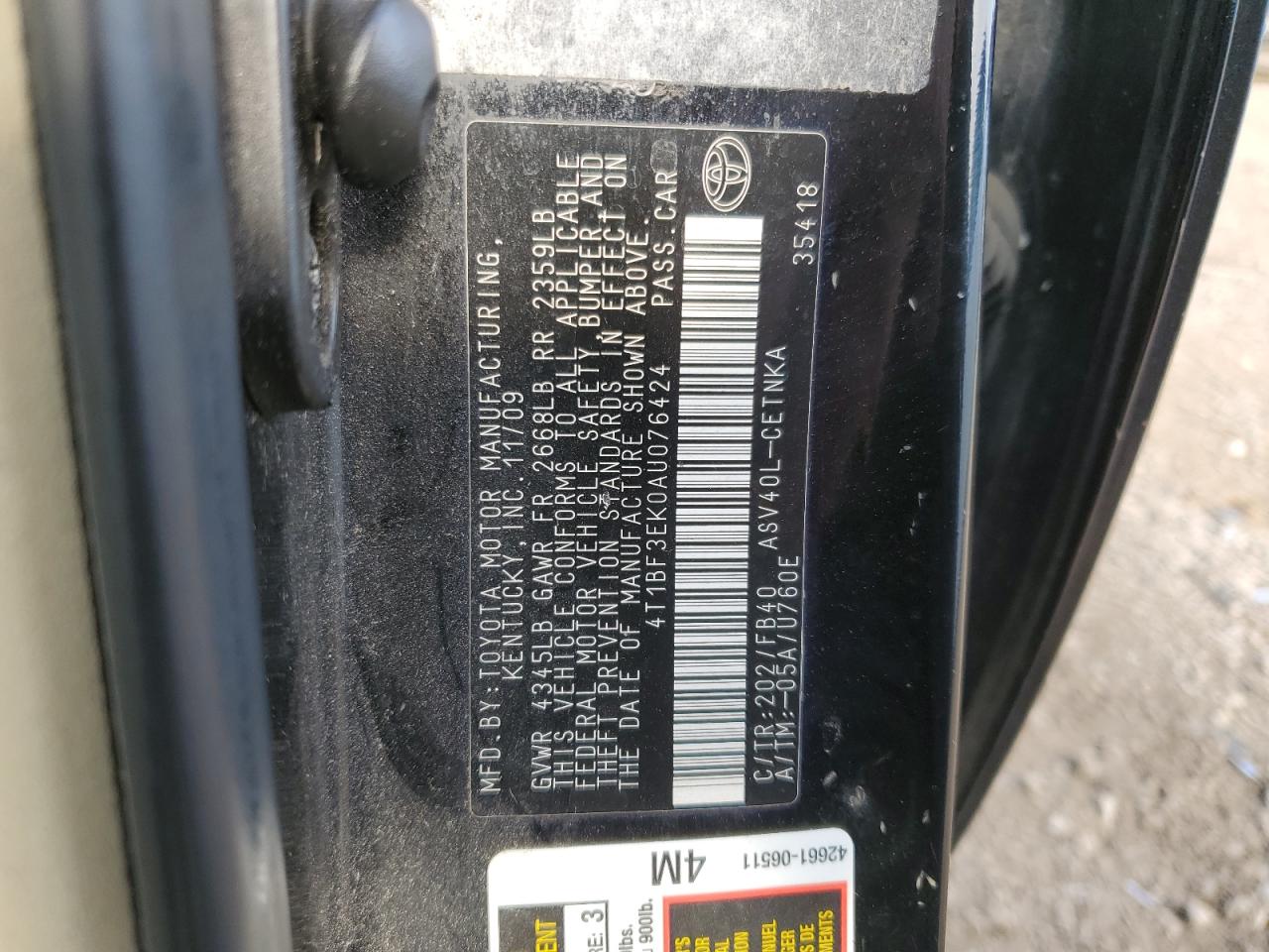 2010 Toyota Camry Base VIN: 4T1BF3EK0AU076424 Lot: 56844985