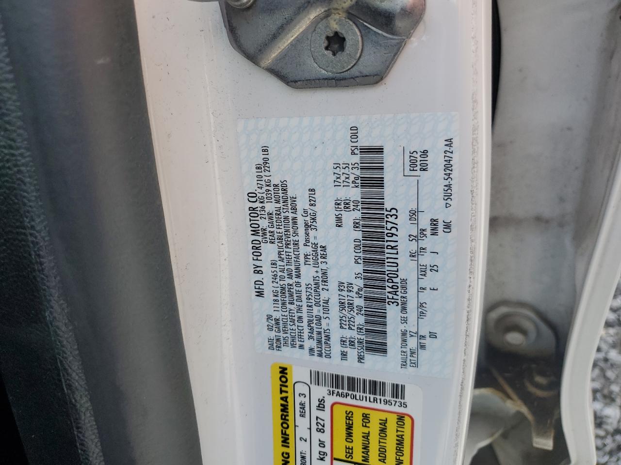 2020 Ford Fusion Se VIN: 3FA6P0LU1LR195735 Lot: 54027355