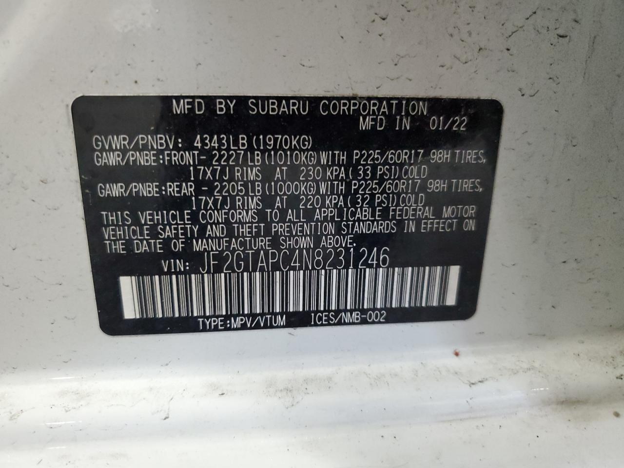 2022 Subaru Crosstrek Premium VIN: JF2GTAPC4N8231246 Lot: 57048675